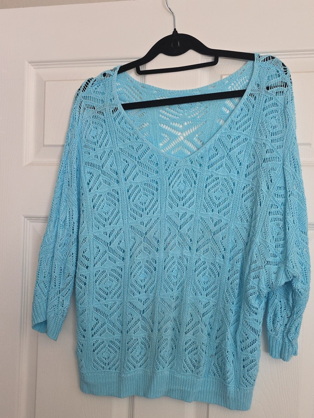 Light Blue Open-Knit V-Neck Women's Sweater